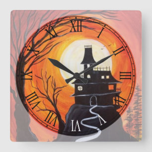 Creepy Haunted House Roman Numeral Square Wall Clock