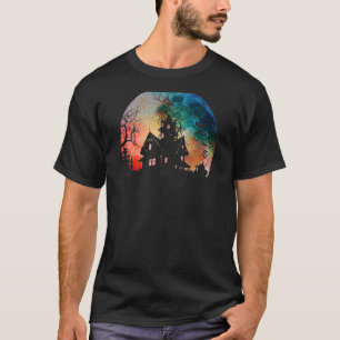 Creepy Haunted House & Spooky Watercolor Full Moon T-Shirt