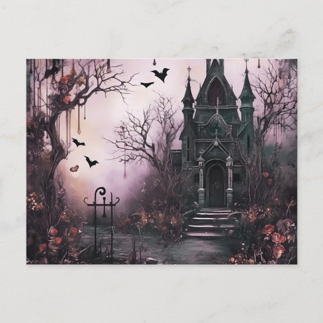 Creepy Haunted House Trees and Bats Halloween Holiday Postcard (Front)