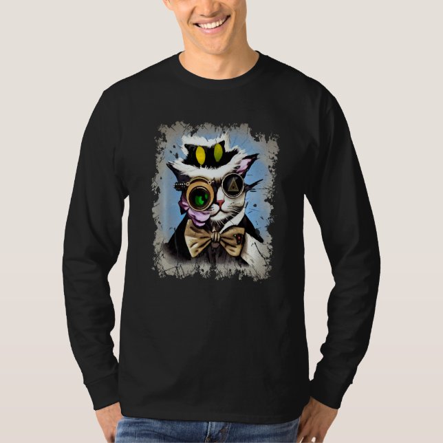 Creepy Illuminati Cat Cyborg Monocle Steam Cat Pun T-Shirt (Front)