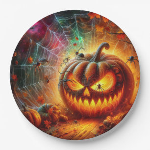Creepy Jack-o-lantern and Spiders Paper Plate