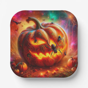 Creepy Jack-o-lantern and Spiders  Paper Plate