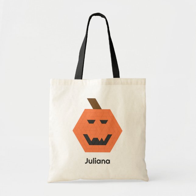 Creepy Jack-o-Lantern Black Name Trick-or-Treat Tote Bag (Front)