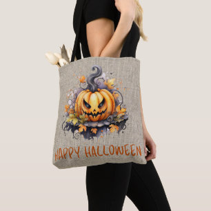 Creepy Jack-O' Lantern Burlap Happy Halloween Tote Bag