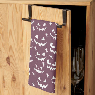 Creepy Jack-O' Lantern Faces Purple Halloween Tea Towel
