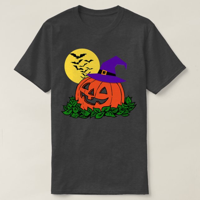 Creepy Jack o Lantern Pumpkin Patch Witch Hat Bats T-Shirt (Design Front)