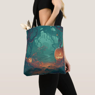 Creepy Jack-O' Lanterns in the Forest Halloween Tote Bag