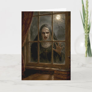 Creepy Nun at Haunted Window Gothic Horror Holiday Card