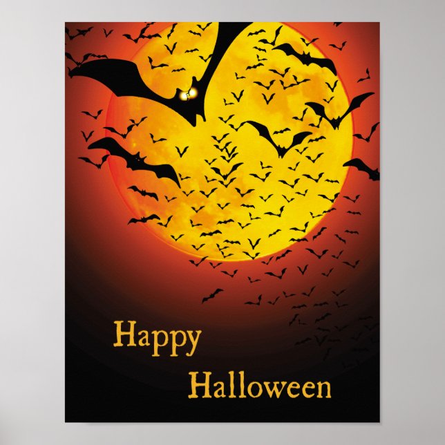 Creepy Orange Moon and Bat Halloween Poster (Front)