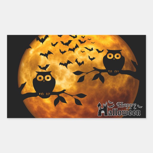 Creepy Owls, Vampire Bats and Halloween Moon Rectangular Sticker (Front)