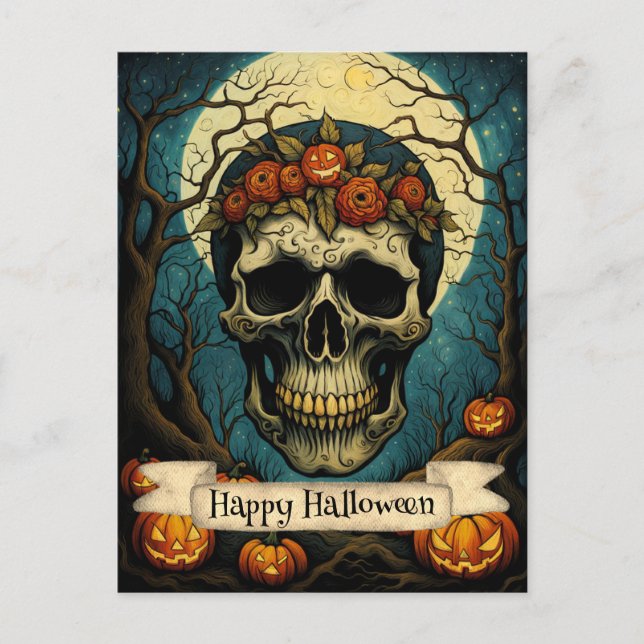 Creepy Pumpkin Floral Skull Halloween  Postcard (Front)