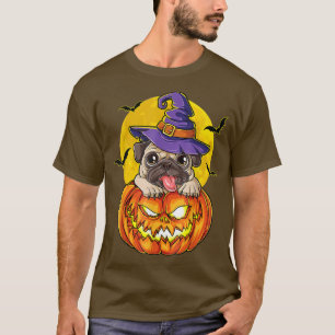 Creepy Pumpkin Halloween Funny Witch Pug Dog Love T-Shirt