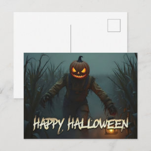 Creepy Pumpkin Head Halloween Scene Holiday Postcard