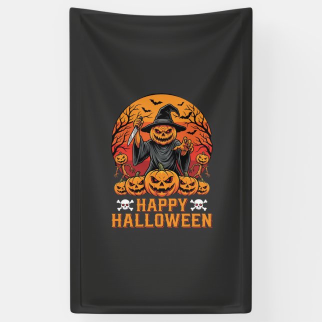 Creepy Pumpkin Witch Happy Halloween Vector Design Banner (Vertical)