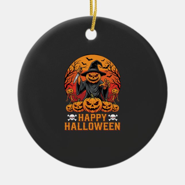 Creepy Pumpkin Witch Happy Halloween Vector Design Ceramic Tree Decoration (Front)