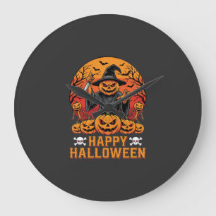 Creepy Pumpkin Witch Happy Halloween Vector Design Large Clock