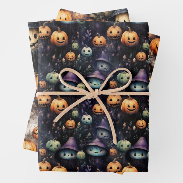 CREEPY PUMPKINS GHOSTS AND GHOULS HALLOWEEN WRAPPING PAPER SHEET (In situ)