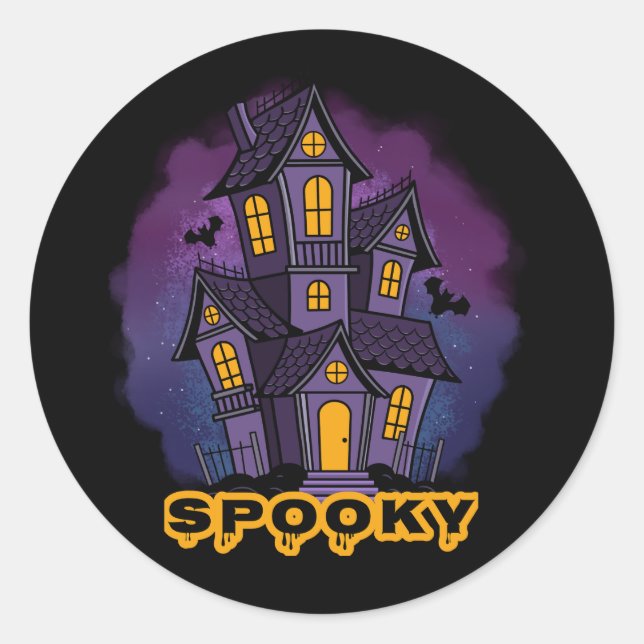 Creepy Purple Mansion Spooky Haunted House Classic Round Sticker (Front)