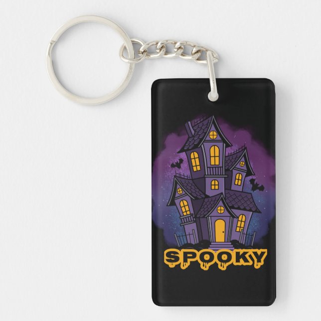 Creepy Purple Mansion Spooky Haunted House Key Ring (Front)