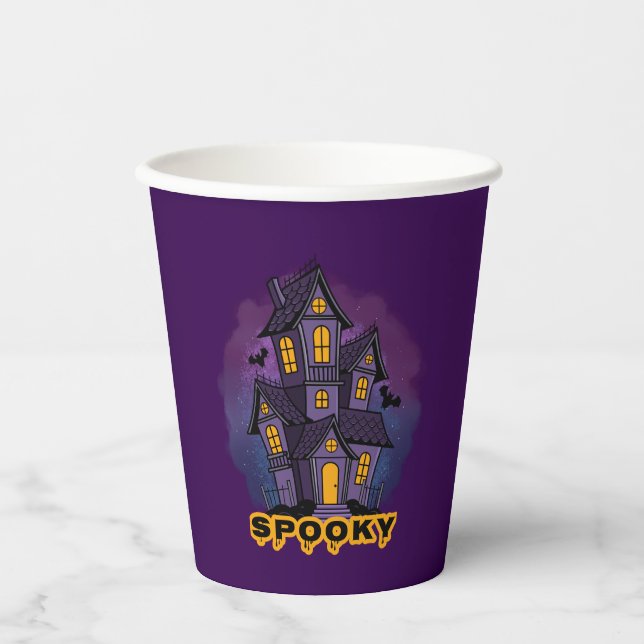 Creepy Purple Mansion Spooky Haunted House Paper Cups (Front)