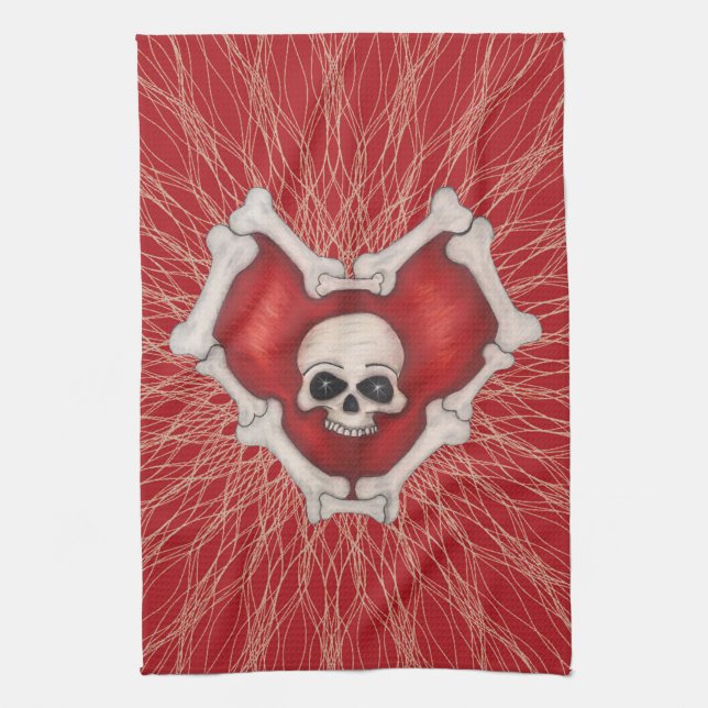 Creepy Red Heart With White Bones Skull Spirals Tea Towel (Vertical)