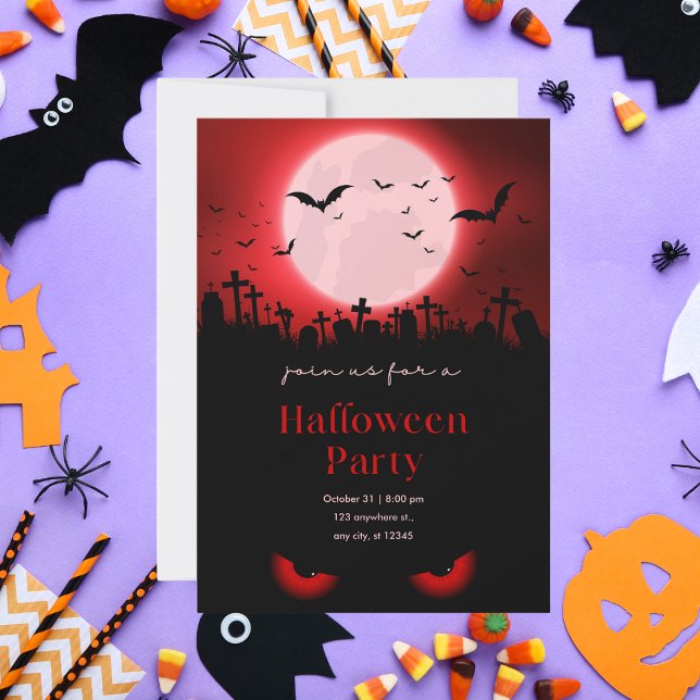 Creepy Red Moon Cemetery Halloween Party Invitation (Creator Uploaded)