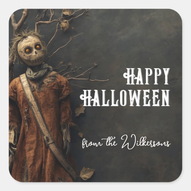 Creepy Scarecrow Doll Custom Name Halloween  Square Sticker (Front)