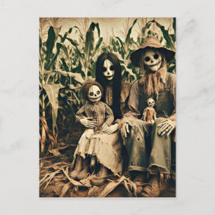 Creepy Scarecrow family in cornfield horror photo Postcard