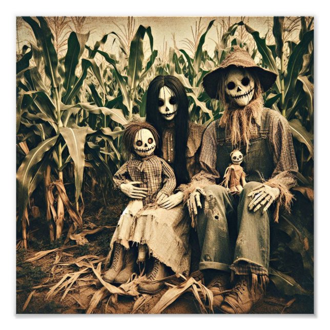 Creepy Scarecrow family in cornfield horror photo Print (Front)