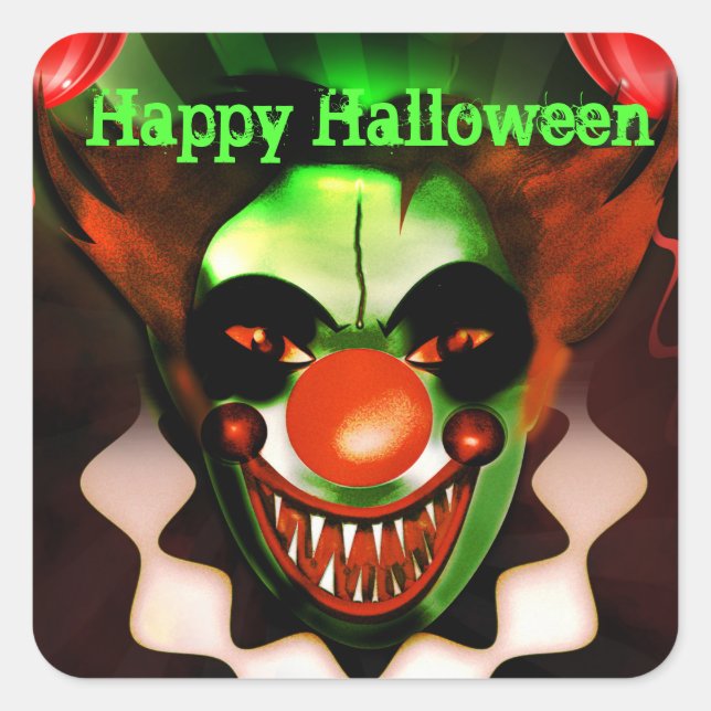 Creepy Scary Evil Clown Halloween Birthday Party Square Sticker (Front)