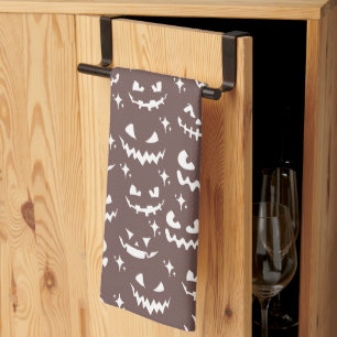 Creepy Scary Jack-O' Lantern Faces Brown Halloween Tea Towel