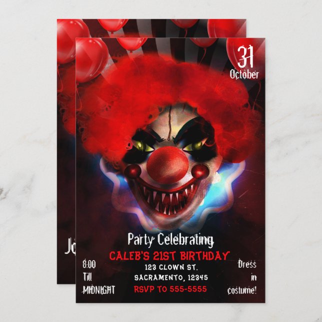 Creepy Scary Killer Clown Halloween Birthday Party Invitation (Front/Back)