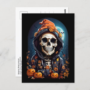 Creepy Skeleton & Autumn Pumpkins Halloween Postcard