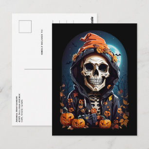 Creepy Skeleton & Autumn Pumpkins Halloween Postcard