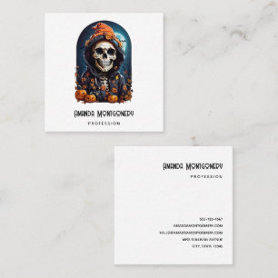 Creepy Skeleton & Autumn Pumpkins Halloween Square Business Card