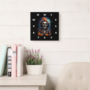 Creepy Skeleton & Autumn Pumpkins Halloween Square Wall Clock