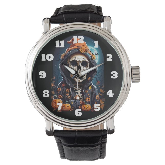 Creepy Skeleton & Autumn Pumpkins Halloween Watch (Front)