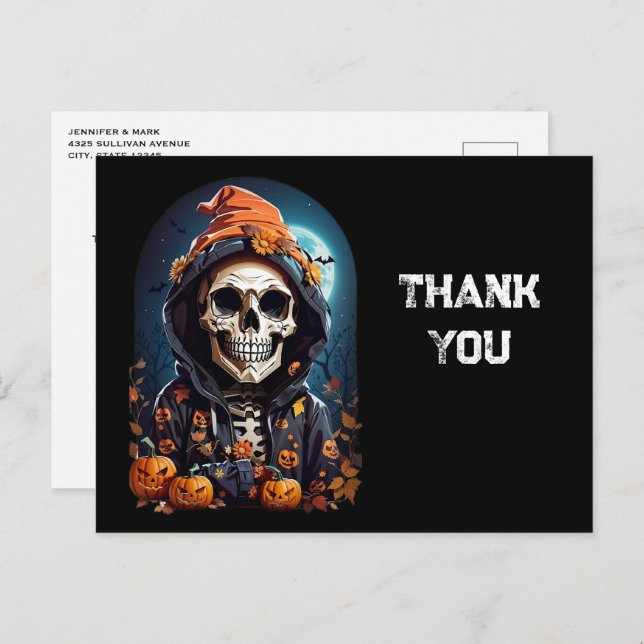 Creepy Skeleton & Pumpkins Halloween Thank You Postcard (Front/Back)