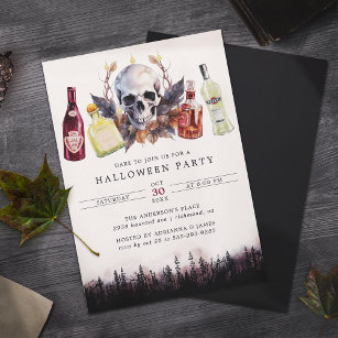 Creepy Skull & Alcohol   Fun Adult Halloween Party Invitation