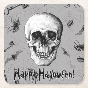 Creepy Skull and Spiders Square Paper Coaster