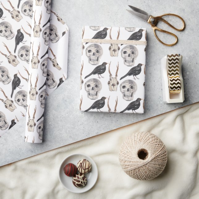 Creepy Skull Black Raven Crow Wrapping Paper (Crafts)