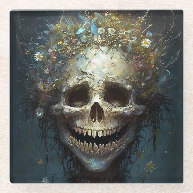 Creepy Skull Gothic Dark Fantasy Art Glass Coaster (Front)