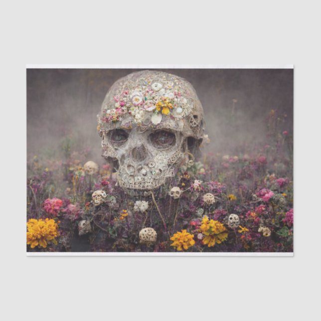 Creepy Skull in Flower Garden Decoupage Tissue Pap Paper (Front)