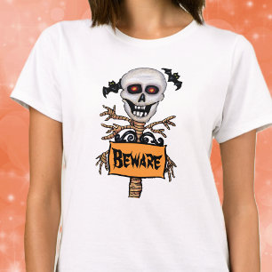 Creepy Skull Tree Beware Sign Bats T-Shirt