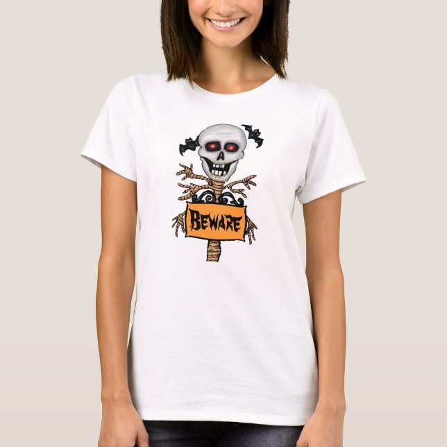 Creepy Skull Tree Beware Sign Bats T-Shirt (Front)