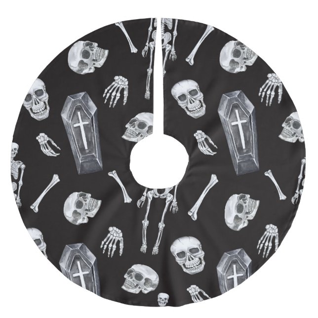 Creepy Skulls: Halloween Watercolor Pattern Brushed Polyester Tree Skirt (Front)