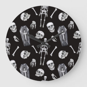 Creepy Skulls: Halloween Watercolor Pattern Large Clock
