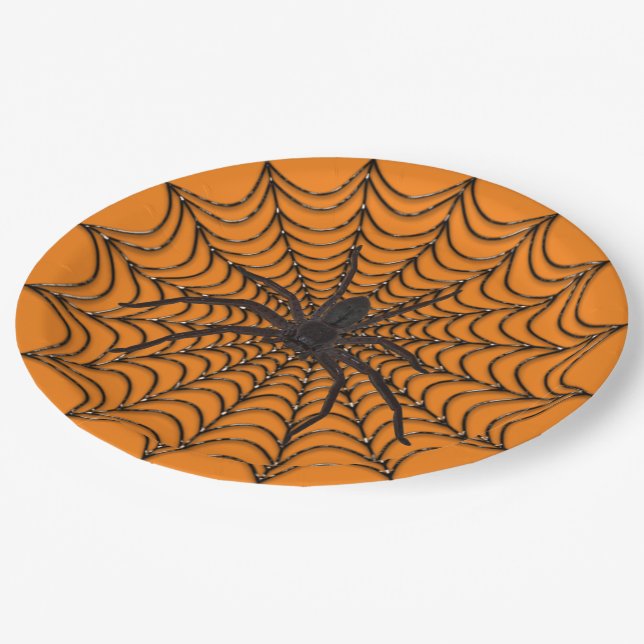 Creepy Spider Web And Black Spider Halloween Paper Plate (Angled)