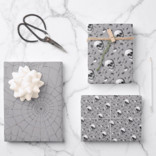 Creepy Spiderwebs and Skull Halloween Wrapping Paper Sheet