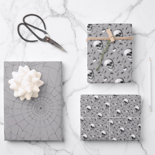 Creepy Spiderwebs and Skull Halloween Wrapping Paper Sheet (Front)